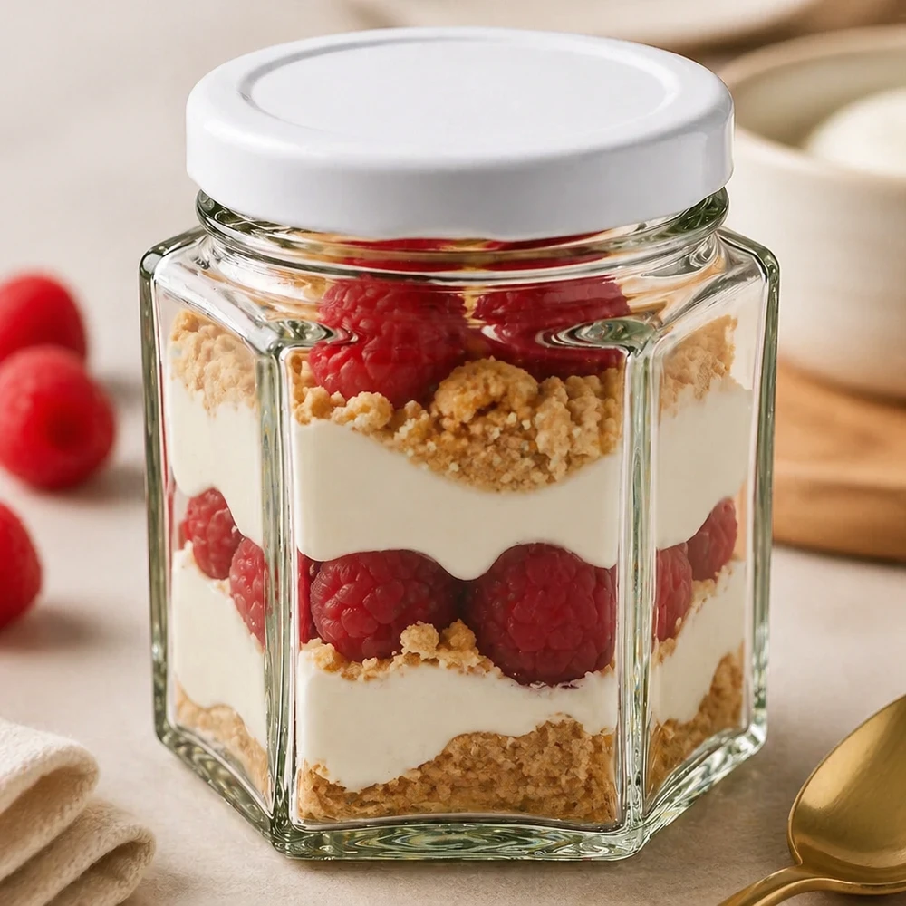 47ml Verre hexagonal avec couvercle BasicSeal blanc UNiTWIST Verre hexagonal de 47 ml avec couvercle blanc BasicSeal comme verre à dessert rempli d'un dessert stratifié de baies et de crème