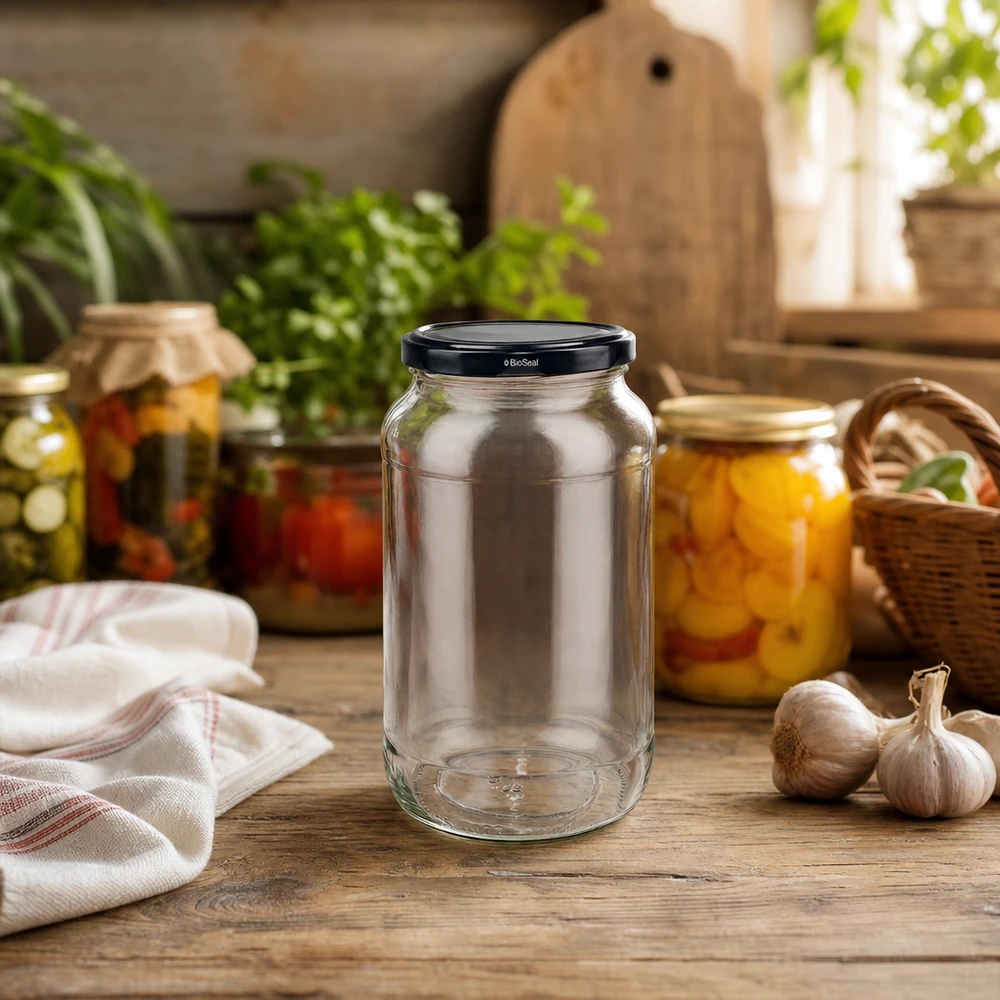 UNiTWIST Pot rond 1062 avec couvercle TO82 BioSeal dans une cuisine rustique avec des bocaux et des herbes aromatiques