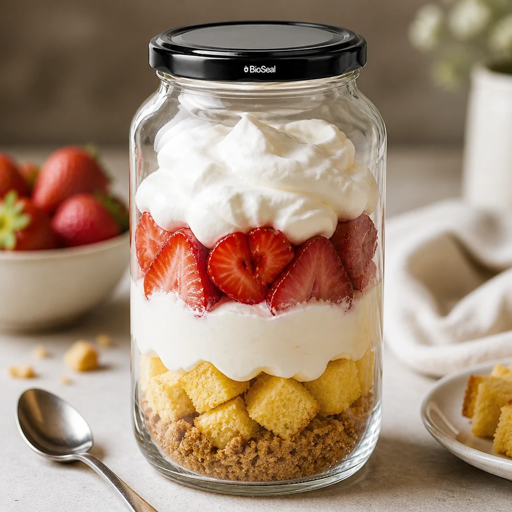 1062ml Verre rond avec couvercle BioSeal noir UNiTWIST UNiTWIST Rundglas 1062 mit schwarzem TO82 BioSeal Deckel als Dessertglas mit Erdbeeren und Sahne Schichtdessert