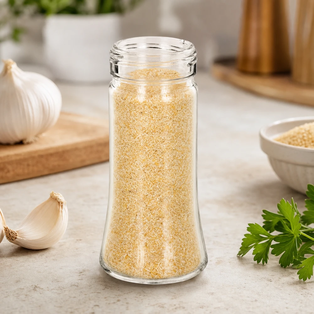 Pot à épices de forme trapézoïdale 95 ml avec filetage 41 mm, en verre clair sans couvercle Pot à épices Bobby de 95 ml rempli de granulés d'ail, à côté de gousses d'ail fraîches et de persil