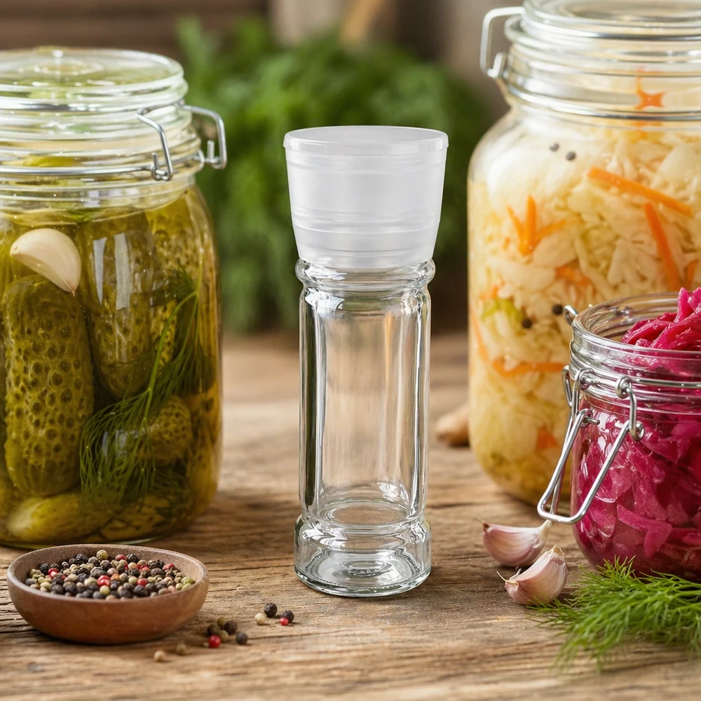 Pot à épices de 100 ml avec moulin, posé sur une table en bois à côté de cornichons marinés et de choucroute