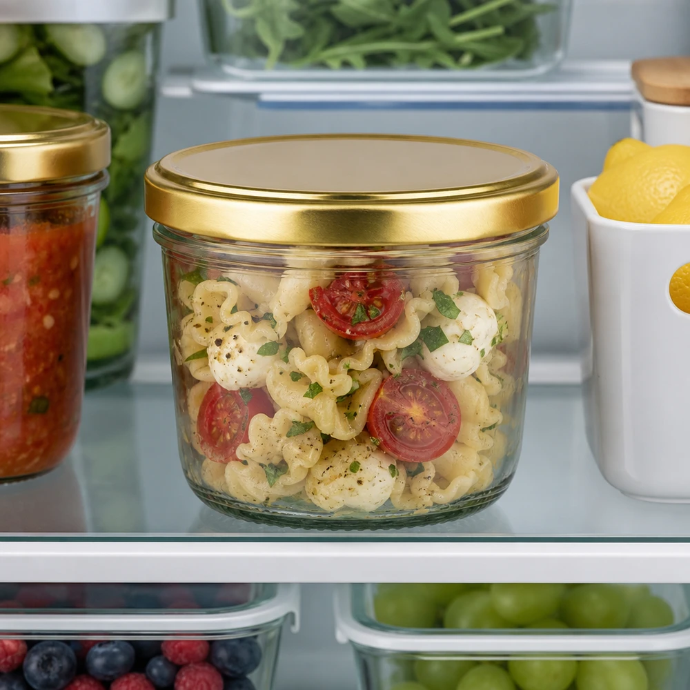 230ml Verre conique avec couvercle BasicSeal or UNiTWIST Verre renversé BasicSeal or de 230 ml rempli de salade de pâtes dans le réfrigérateur à côté d'autres récipients de stockage