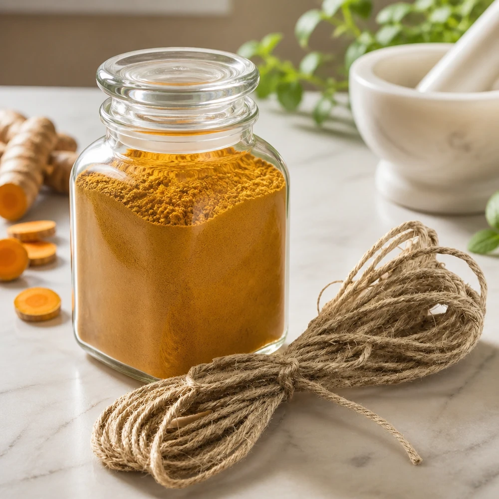 Cordon naturel de jute 300cm arrangé de manière décorative avec un bocal à épices et des ustensiles de cuisine sur un plan de travail en marbre
