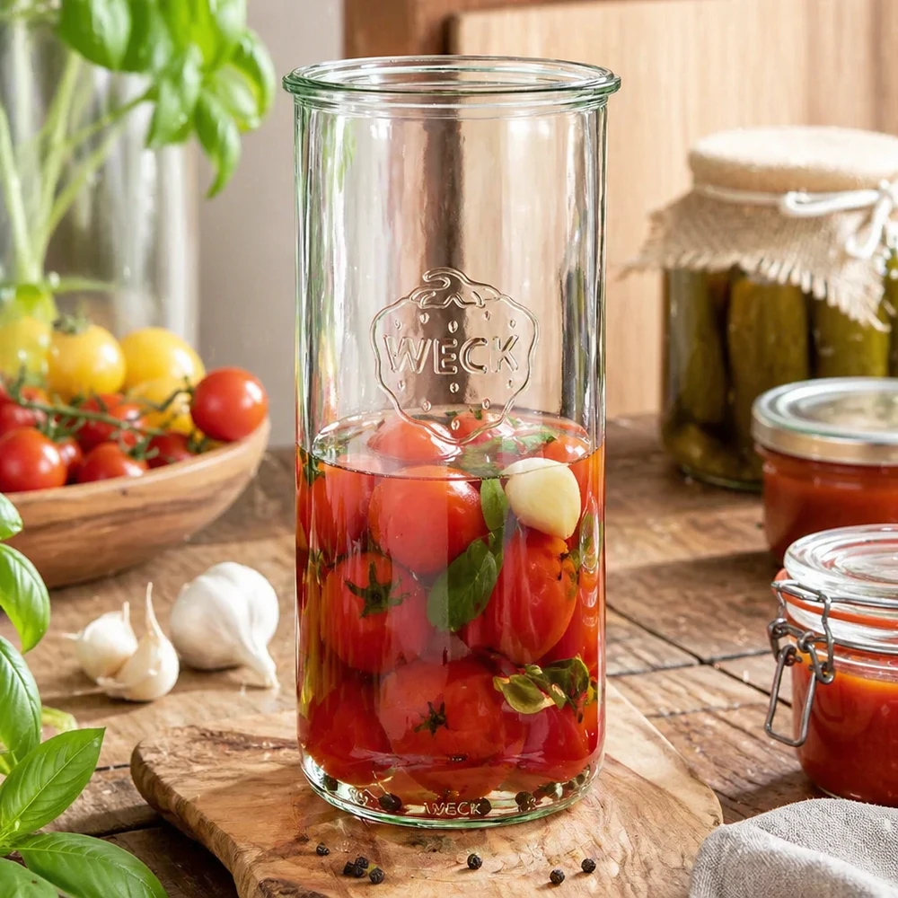 Bocal en verre WECK RR100 de 1 500 ml 1500ml WECK Pot renversé RR100 avec tomates confites sur planche en bois, entouré de tomates fraîches et de bocaux de conservation