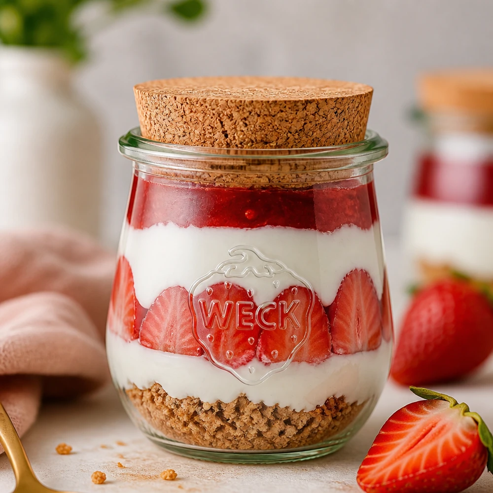 WECK Tulpenglas 220ml RR60 mit Korken für Desserts Joghurt und Overnight Oats kreative Küchendeko mit Erdbeeren