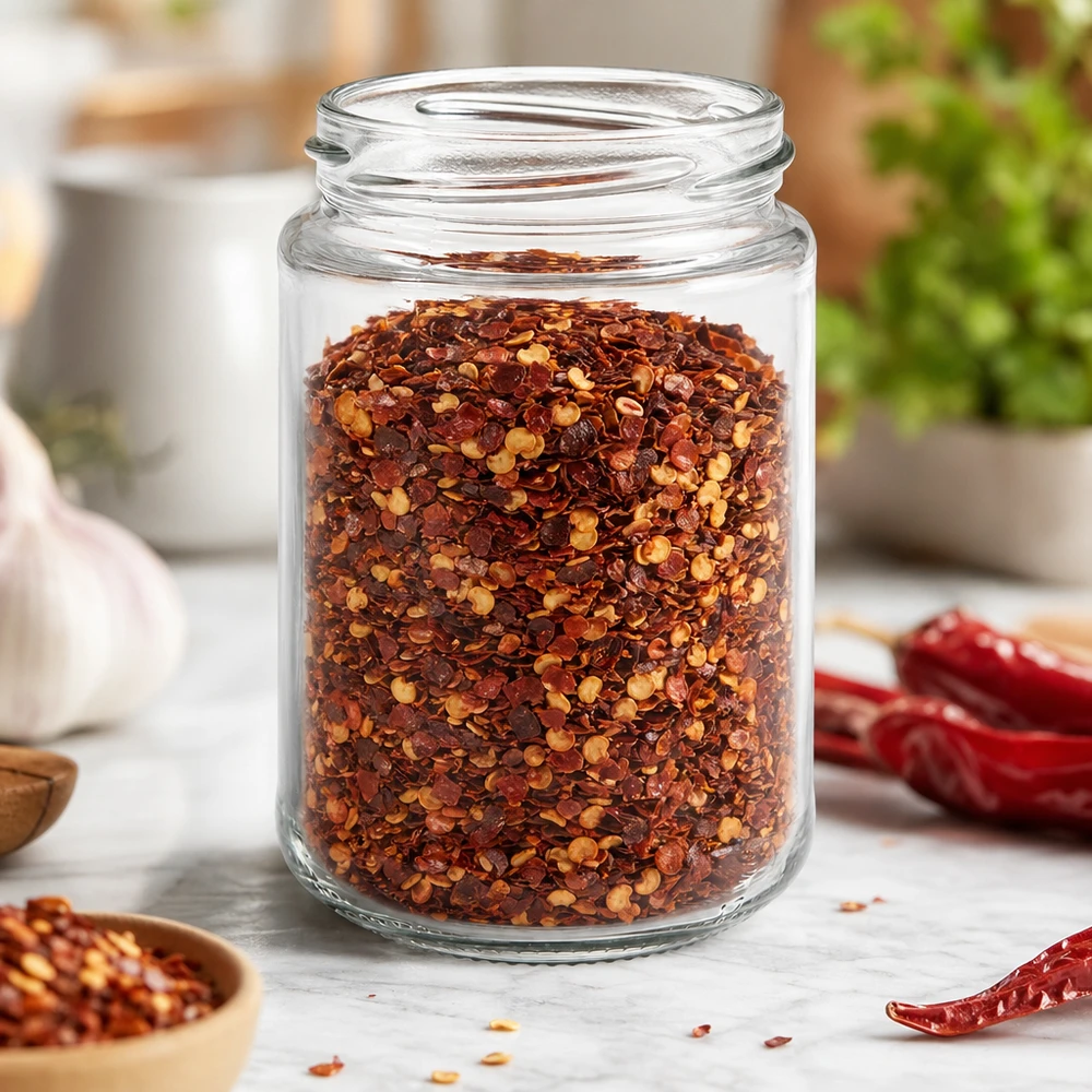 390ml Verre rond sans couvercle (TO70) UNiTWIST UNiTWIST Runda390 Bocal rond 390ml TO70 rempli de mélange d'épices au chili dans la cuisine avec des piments rouges