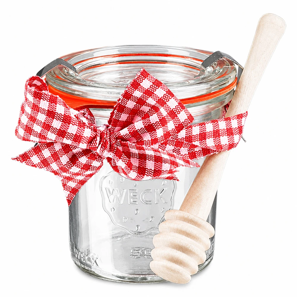 Mini bocal conique WECK 140 ml complet avec cuillère à miel et nud WECK Mini bocal en verre 140ml avec couvercle, ruban rouge et cuillère à miel en bois Set complet