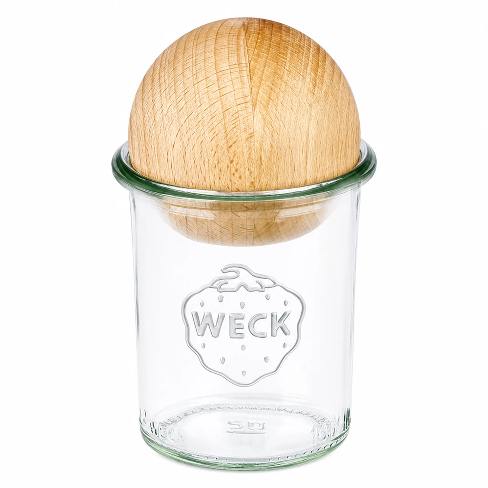160ml WECK Pot renversé RR60 avec boule en bois de hêtre comme couvercle, pot de conserve transparent avec fermeture en bois