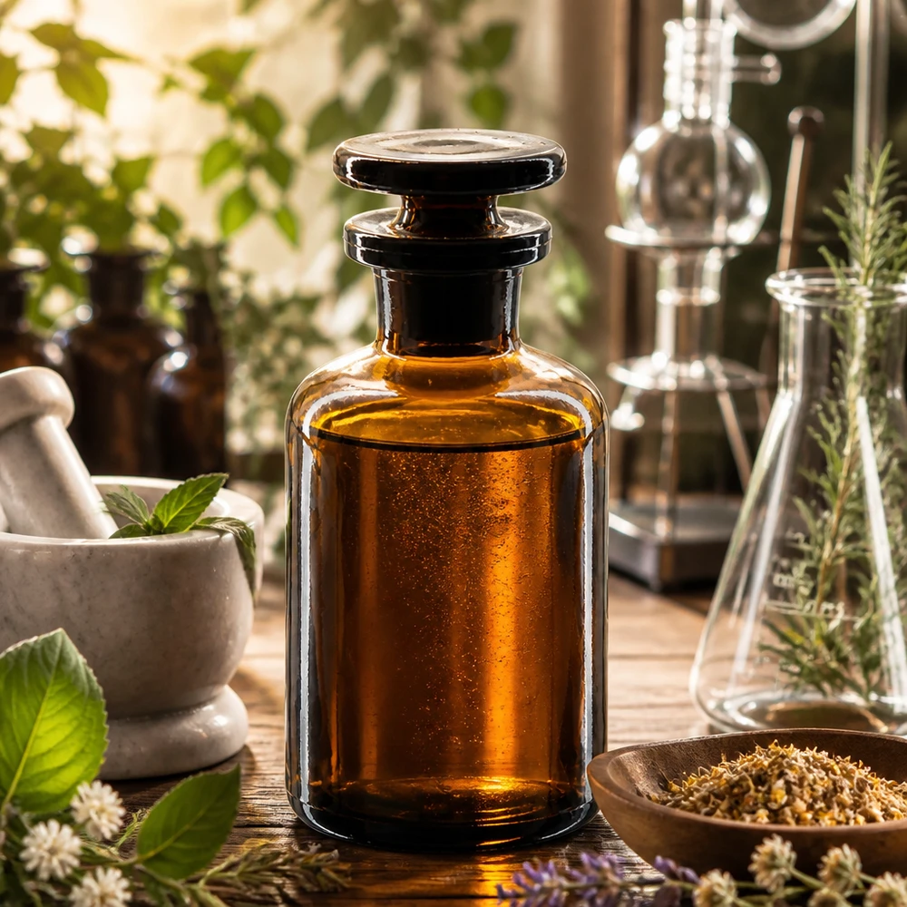 Petit flacon de laboratoire à col étroit de 50 ml en verre ambré, muni d'un bouchon en verre taillé, à l'abri de la lumière