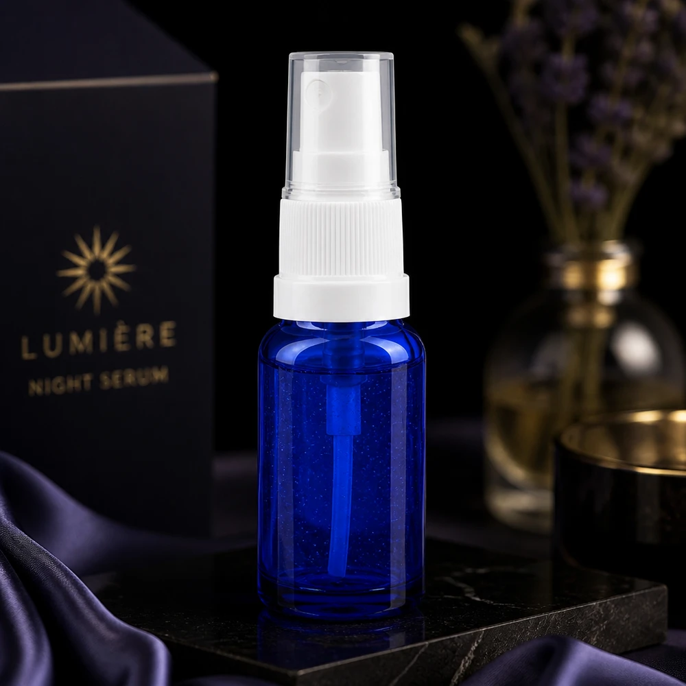 Petit flacon vaporisateur de 10 ml en verre bleu avec une pompe blanche, destiné aux sérums et aux produits cosmétiques