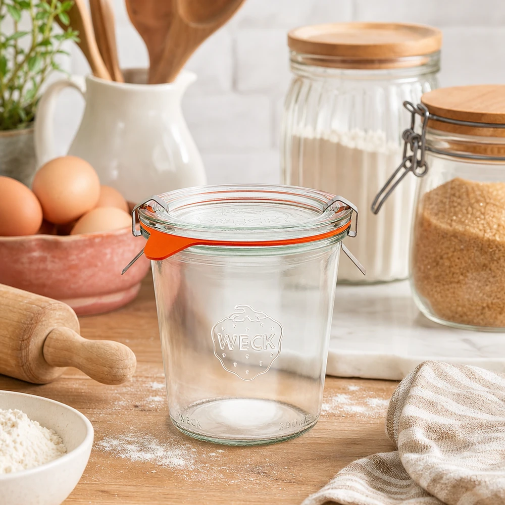 WECK Verre renversé 290ml RR80 vide dans un environnement de cuisine naturel avec des ingrédients de boulangerie farine œufs et ustensiles en bois