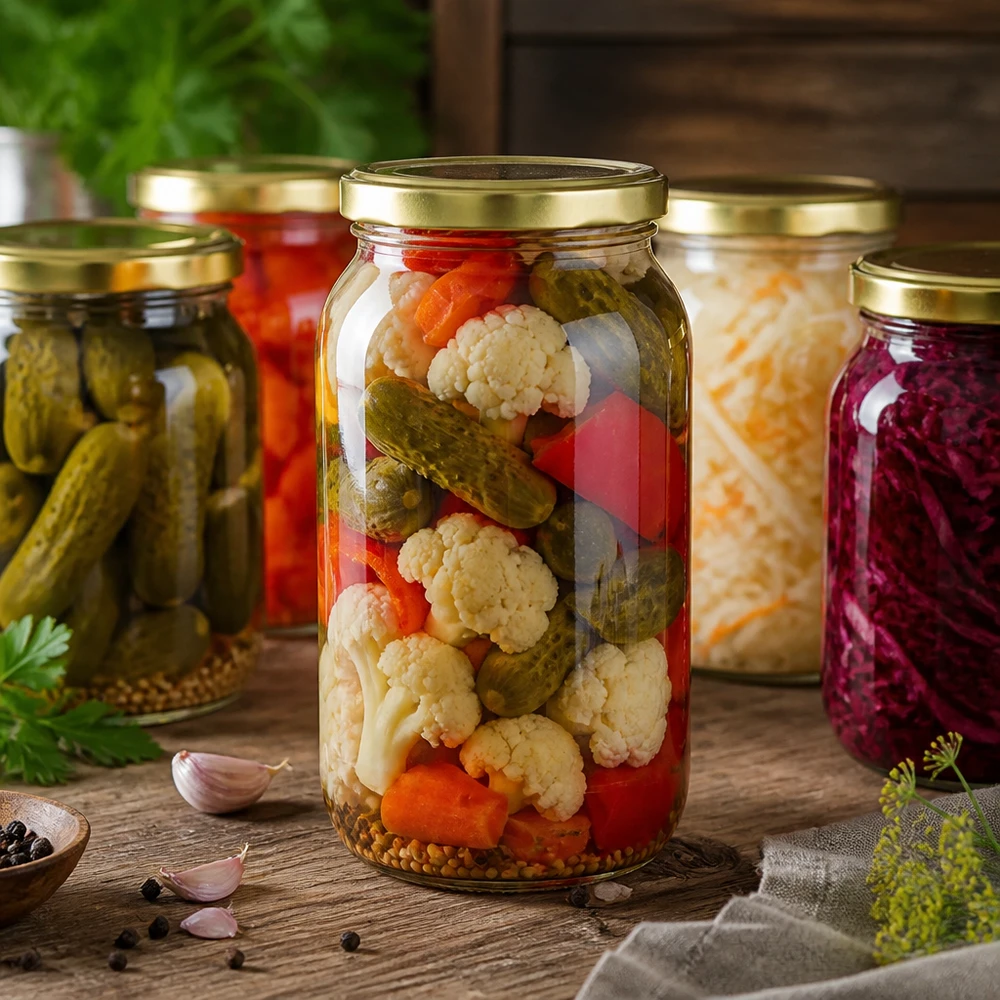 1062ml Verre rond avec couvercle BasicSeal or UNiTWIST Bocal rond de 1062 ml avec couvercle doré UNiTWIST pour les légumes marinés et les aliments fermentés
