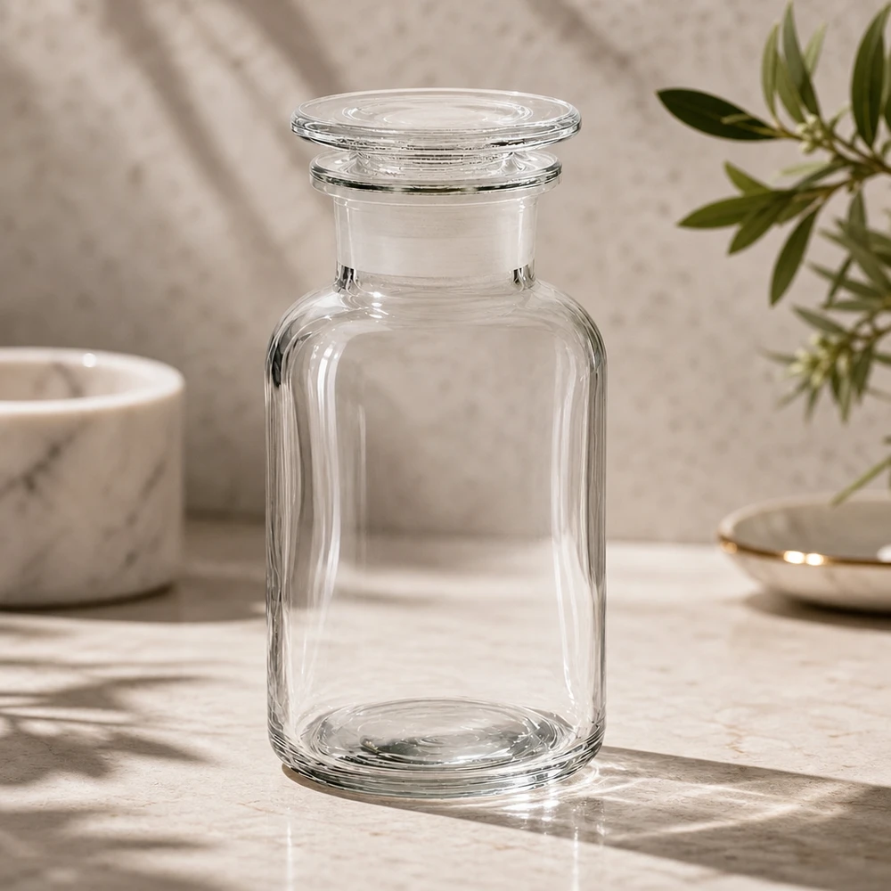 Flacon pharmaceutique 250 ml col large + bouchon verre clair Bouteille vide à épaules arrondies de 250 ml en verre transparent, à col large et munie d'un bouchon en verre