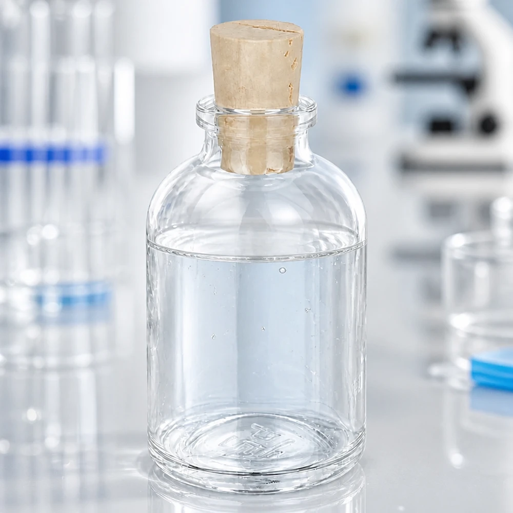 Verschlossene Laborflasche 50ml aus transparentem Glas mit Korkstopfen Nahaufnahme