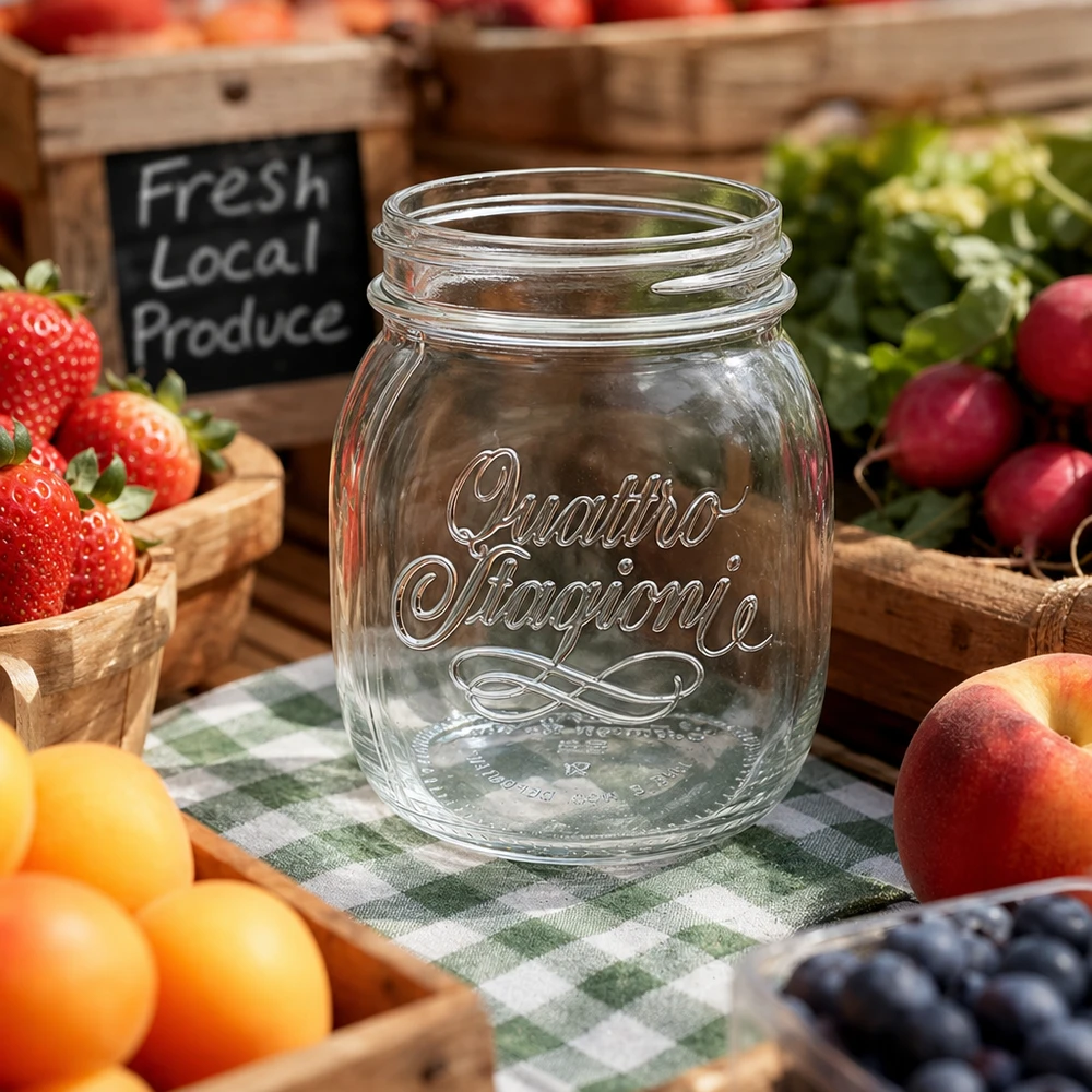700ml Verre rond "Quattro Stagioni" QS86mm Verre de ménage Quattro Stagioni 700ml sur nappe à carreaux entouré de fruits et légumes frais dans des caisses en bois