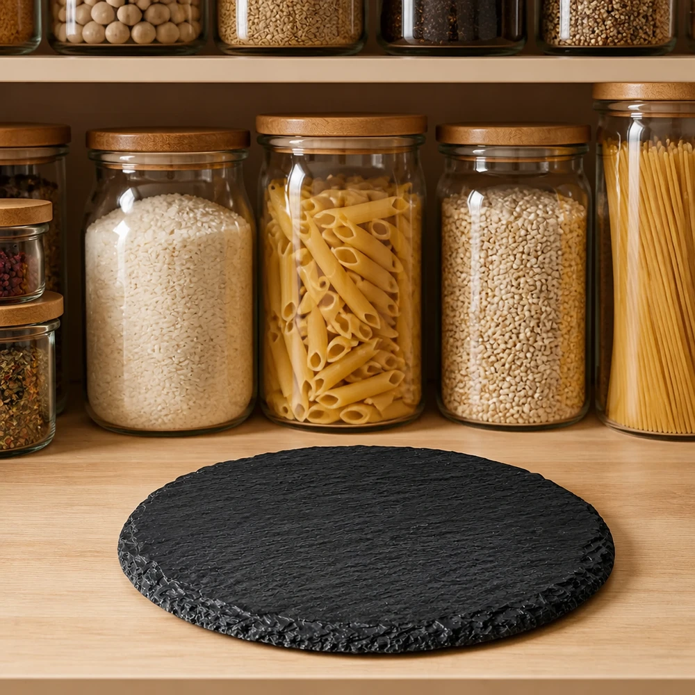 Plateau en ardoise rond Ø 150 mm Ardoise ronde 150mm sur étagère en bois devant la cuisine de réserve avec pâtes et épices dans des boîtes en verre comme étagère de service naturelle