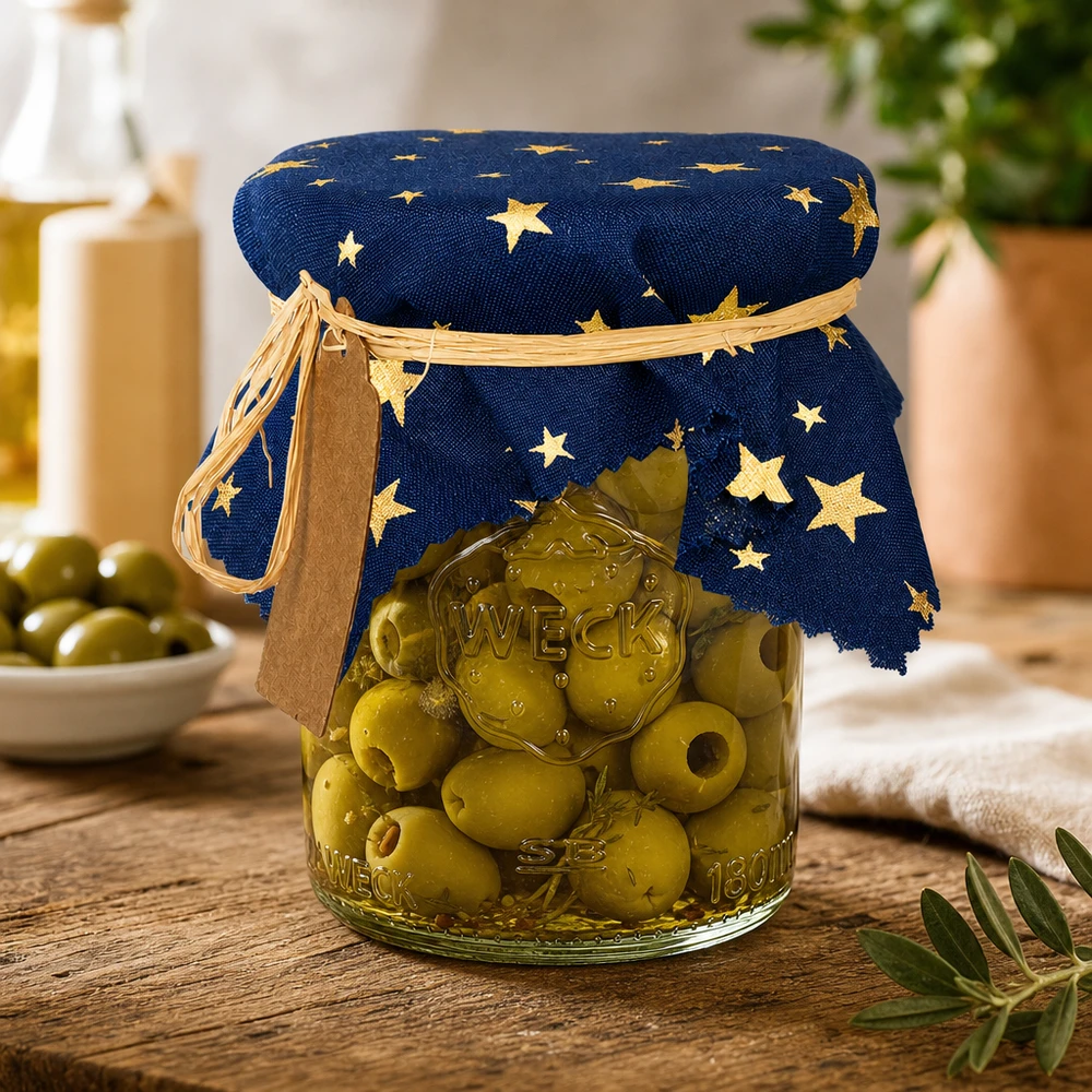 Couvercle en tissu bleu étoiles 150x150mm carré Couvercle décoratif avec motif d'étoiles sur verre à olives dans la cuisine - Couvercle en tissu bleu 15cm carré