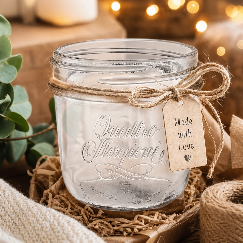 200ml Quattro Stagioni verre à bijoux avec ruban de jute et pendentif Made with Love en décoration rustique