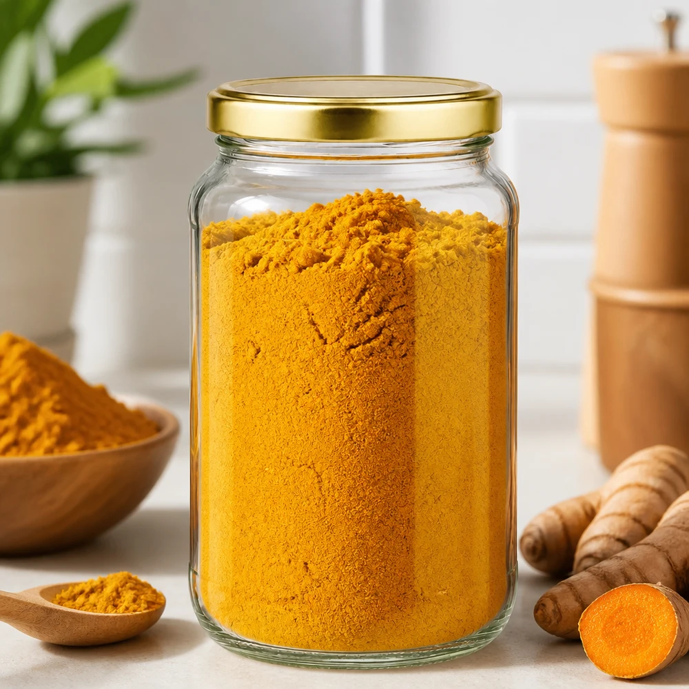 Bocal rond de 1700 ml avec couvercle doré BasicSeal rempli de poudre de curcuma montre une utilisation pratique en cuisine