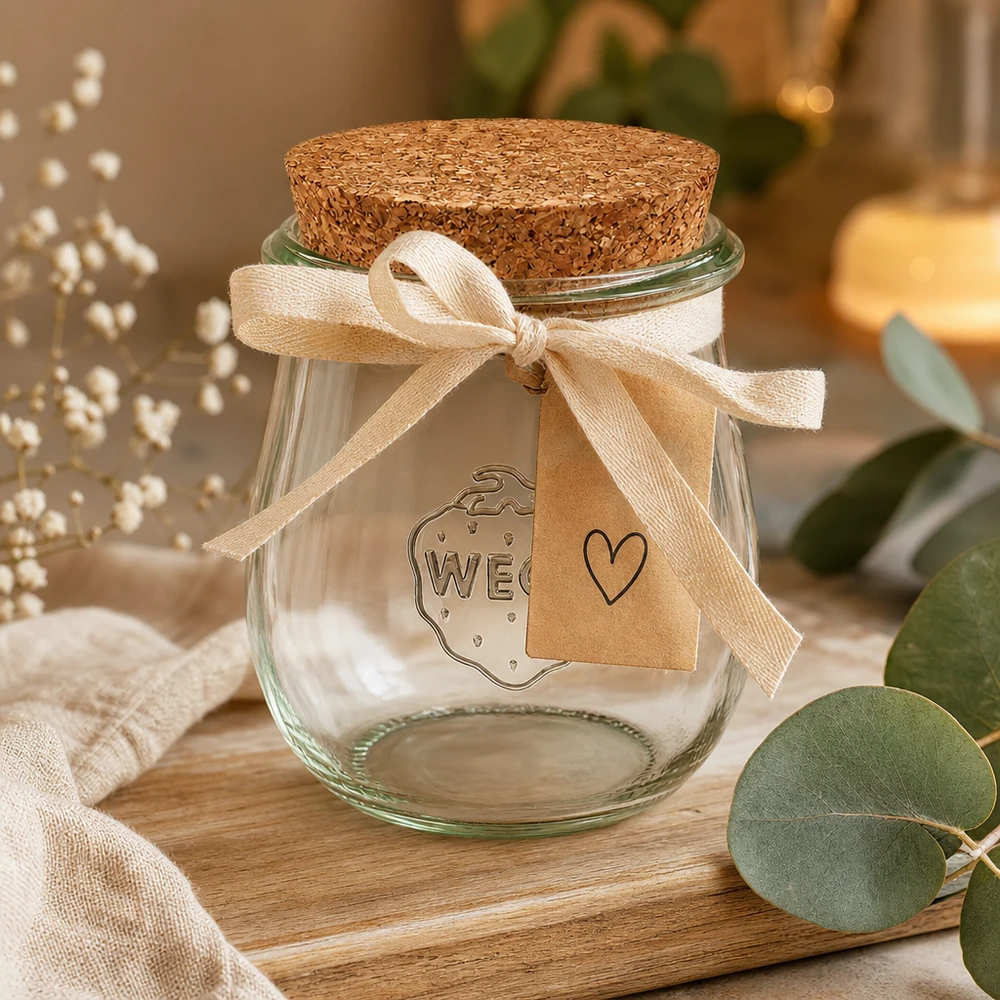 220ml bocal tulipe WECK RR60 avec bouchon nature WECK Pot tulipe 220ml RR60 emballé de manière décorative avec un ruban et une étiquette cadeau comme cadeau sur une table en bois