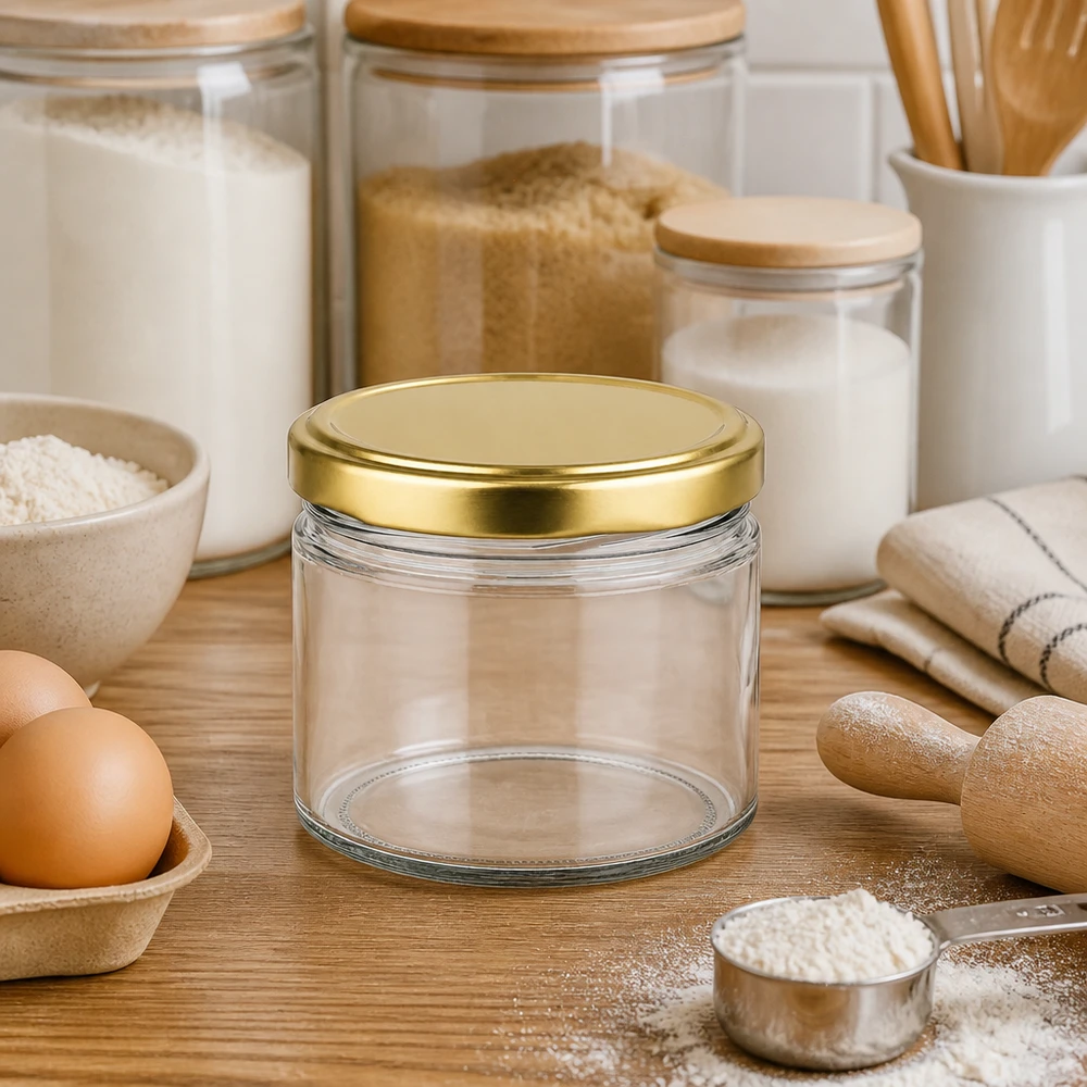 540ml Verre rond avec couvercle BasicSeal or UNiTWIST Bocal rond de 540 ml avec couvercle doré BasicSeal dans une cuisine moderne entre les bocaux à provisions et les ingrédients de cuisson