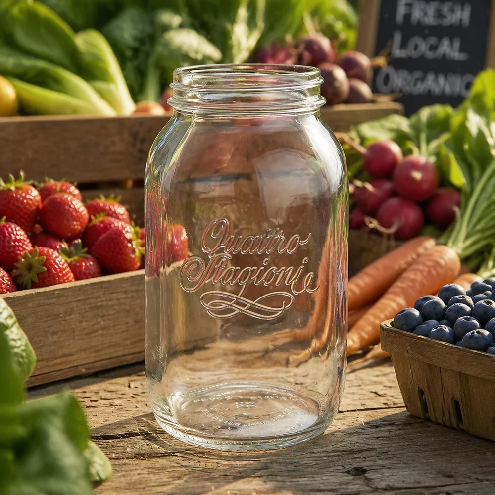 1500ml Quattro Stagioni Verre de ménage Verre de conserve sur table en bois avec fruits et légumes frais en arrière-plan