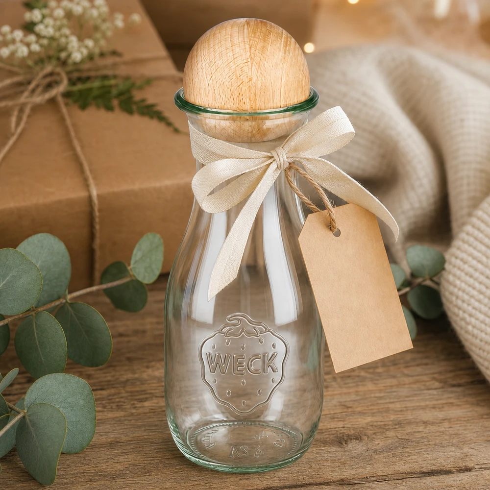 WECK Bouteille de jus 530ml emballée comme cadeau avec un ruban et un pendentif à côté de l'eucalyptus et de la décoration