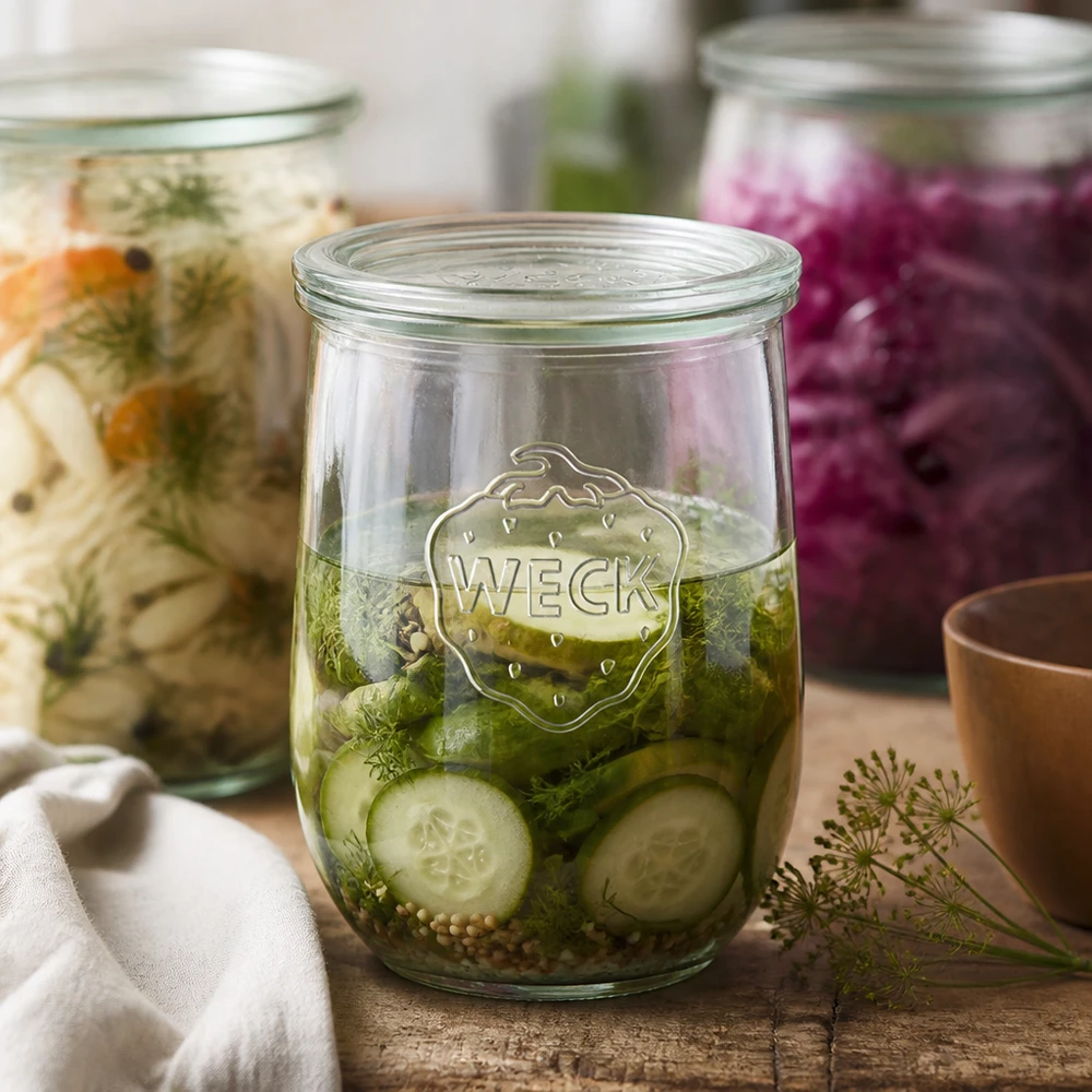1062ml bocal tulipe avec bouchon en verre WECK RR100 WECK Pot tulipe 1062ml Concombres marinés Aneth Épices Légumes fermentés RR100 Couvercle en verre Conservation