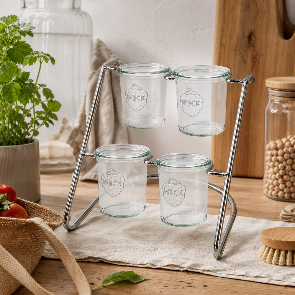 Présentoir Flato4 pour 4 bocaux WECK Support de service Flato4 sur table en bois avec verres WECK vides - design minimaliste pour une décoration de cuisine naturelle