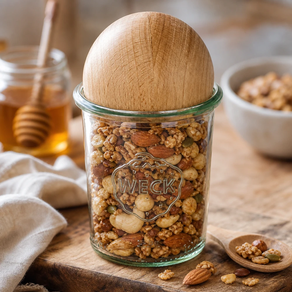 160ml bocal conique WECK RR60 avec boule en bois en hêtre WECK Verre renversé RR60 160ml avec boule de hêtre remplie de noix, disposée de manière décorative sur une planche en bois avec du miel