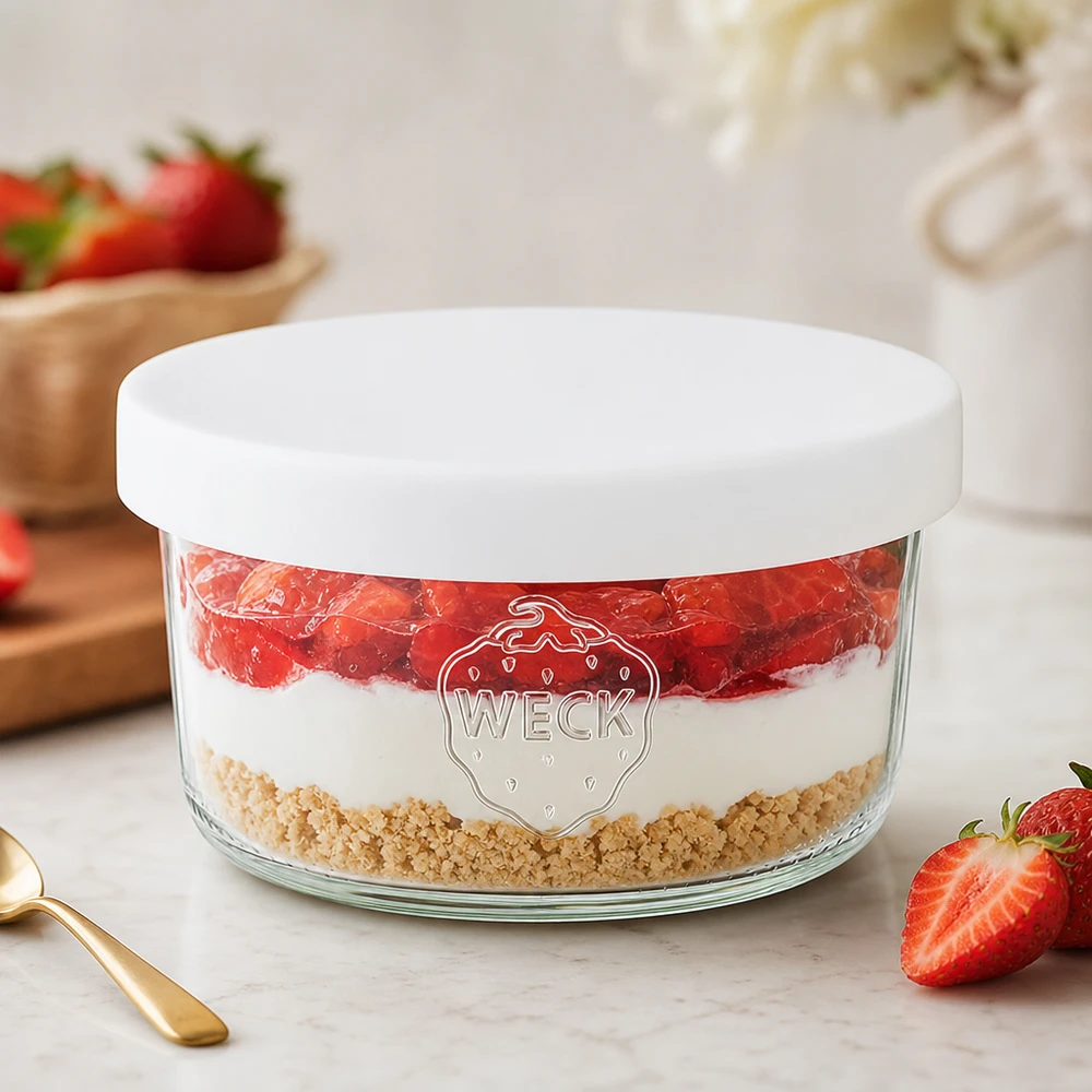 WECK Pot 165ml RR80 avec couvercle en silicone blanc rempli comme un dessert à la fraise dans un look stratifié avec cuillère dorée