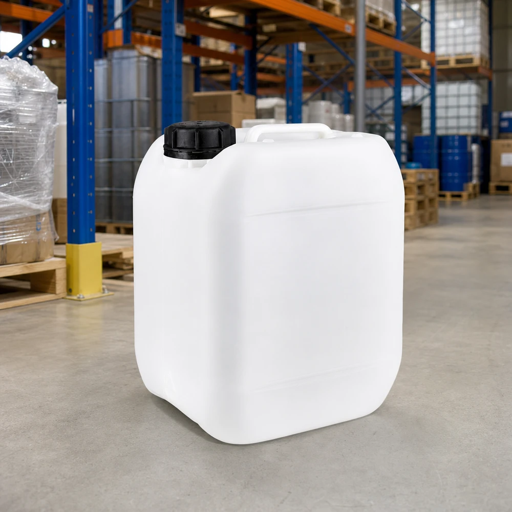 Jerrican de 5 litres avec bouchon à vis Bidon blanc de 5 litres avec bouchon à vis et poignée encastrée, posé sur un sol en béton dans l'entrepôt