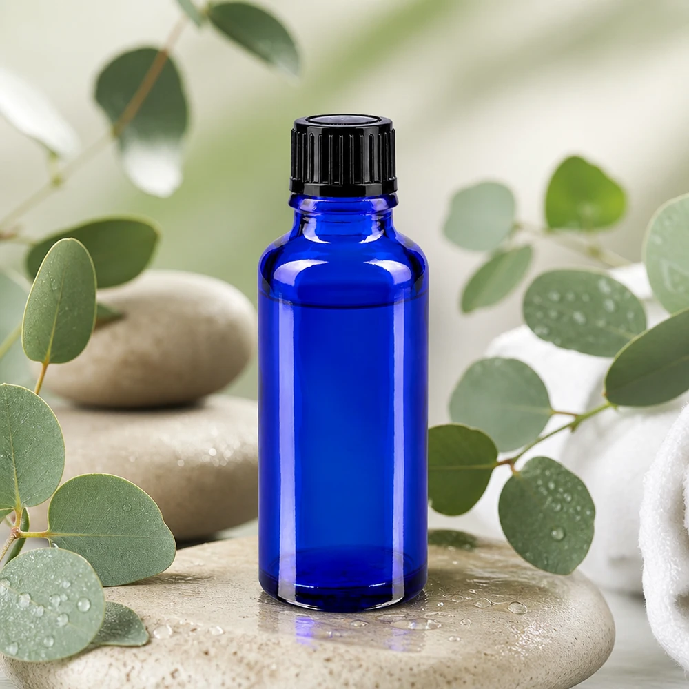 Flacon de pharmacie bleu 30ml bouchon vissable noir std Flacon de pharmacie bleu cobalt de 30 ml avec bouchon compte-gouttes noir, posé sur des pierres de bien-être