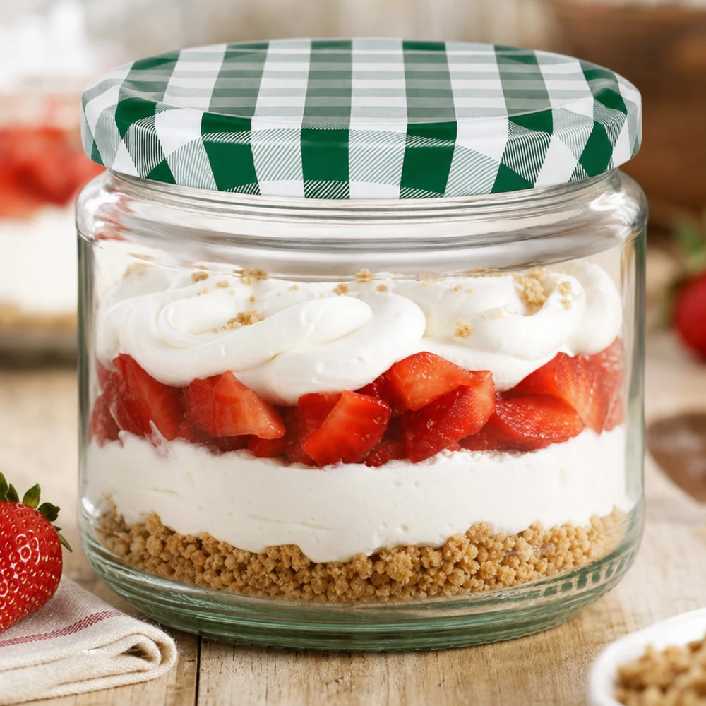 330ml Verre rond avec couvercle BasicSeal vert/blanc UNiTWIST Verre rond de 330ml comme verre à dessert avec dessert stratifié à la fraise et à la crème, couvercle BasicSeal vert et blanc, parfait en verre