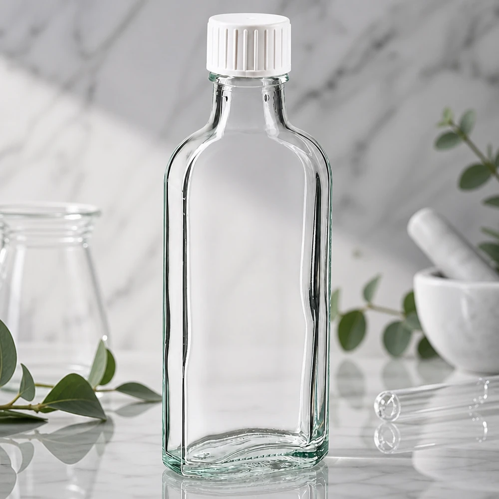Flasque transparente de 100 ml au goulot DIN 22, avec bouchon à vis DIN 22 blanc et bague anti-gouttes Flacon en verre Meplat vide de 100 ml, muni d'un bouchon de sécurité blanc pour enfants et d'un anneau verseur