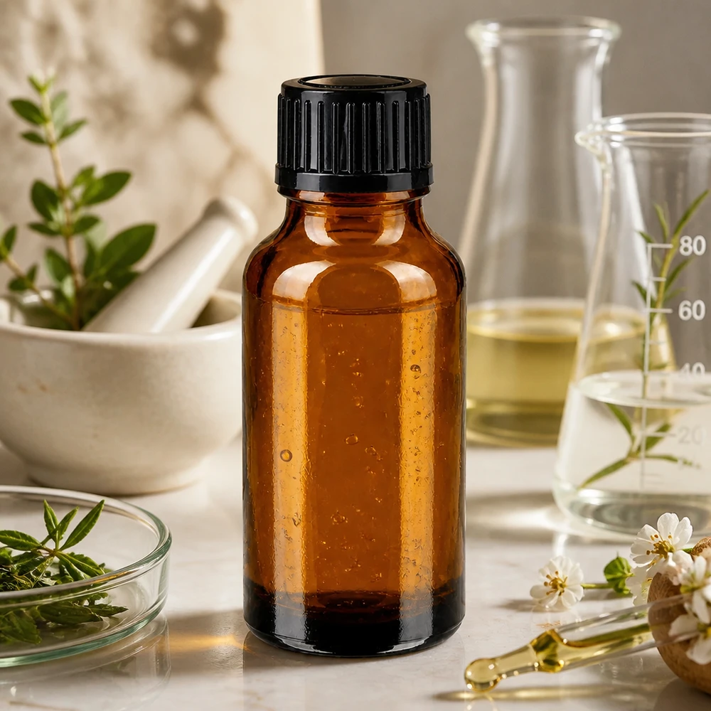 Flacon à pharmacie marron 20ml bouchon vissable noir standard Flacon en verre brun de 20 ml avec un bouchon noir, à côté d'un mortier et d'herbes fraîches