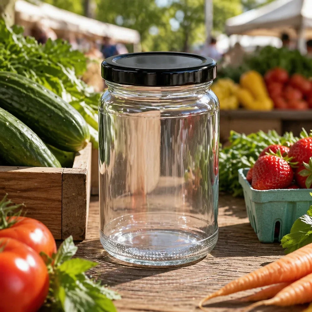 110ml Verre rond avec couvercle BasicSeal noir UNiTWIST UNiTWIST Verre rond 110ml avec couvercle TO48 noir sur stand de marché parmi les fruits et légumes frais
