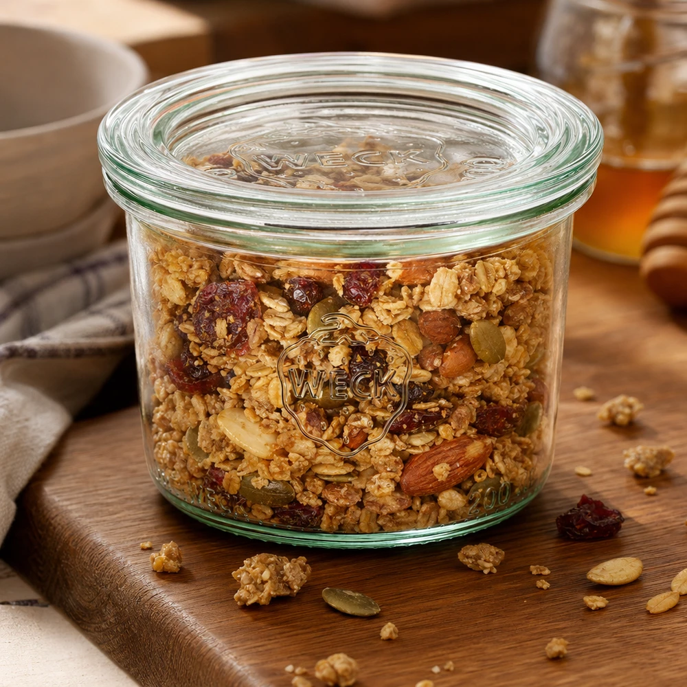 200ml bocal conique avec bouchon en verre WECK RR80 WECK Pot renversé 200ml RR80 rempli de céréales et de noix sur planche en bois montre une conservation pratique des aliments