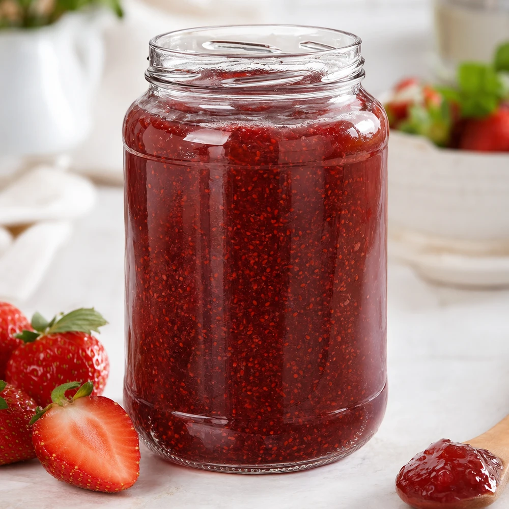 1700ml Verre rond sans couvercle (TO100) UNiTWIST UNiTWIST Runda1700 Verre renversé 1700ml TO100 avec confiture de fraises maison fraises fraîches table petit déjeuner blanc