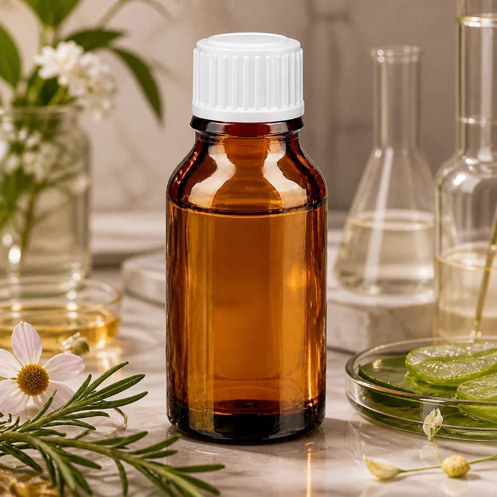 Flacon compte-gouttes de 15 ml en verre ambré avec bouchon de précision blanc de 0,8 mm, pour un mélange d'herbes et d'aloe vera