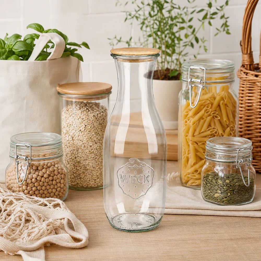 WECK Bouteille de jus de fruits 1062ml avec couvercle en bois dans la cuisine zéro déchet à côté des bocaux à provisions avec pâtes et légumineuses