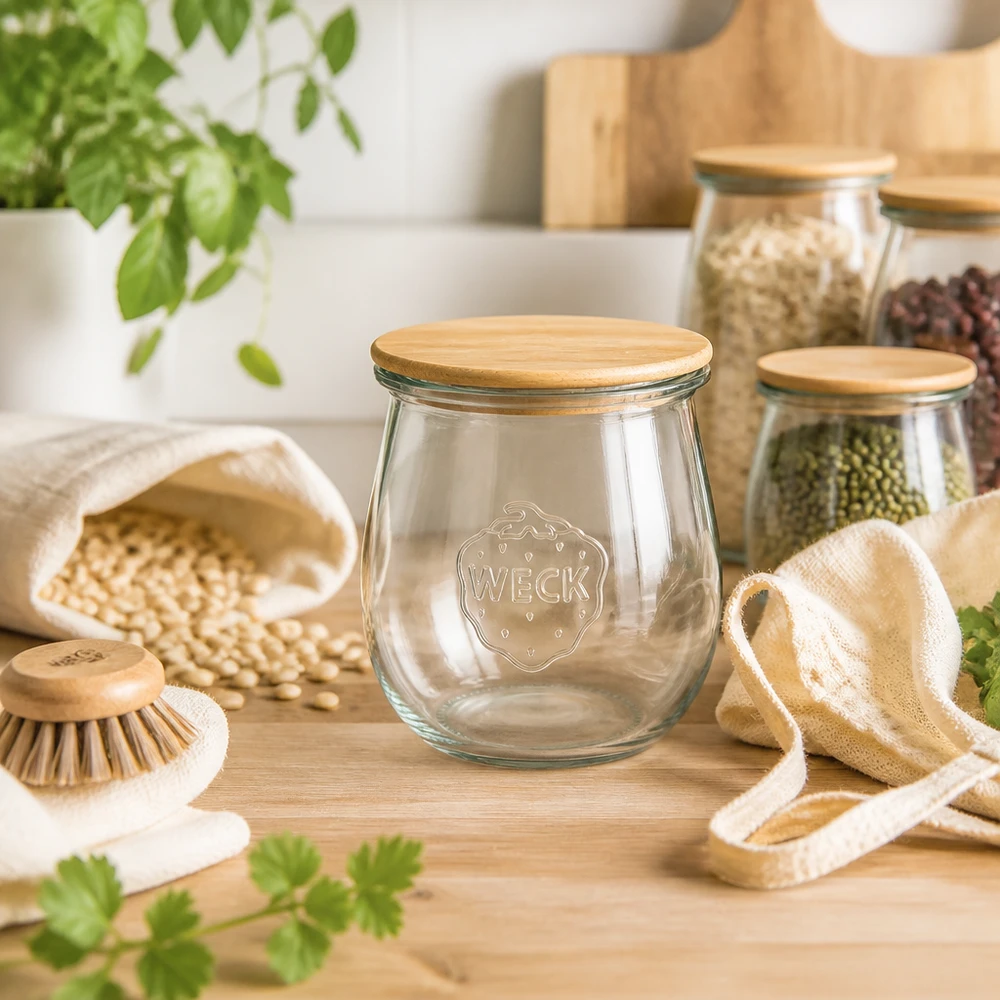 220ml bocal tulipe WECK RR60 avec couvercle en bois WECK Tulpenglas 220ml RR60 Holzdeckel in Zero-Waste Küche mit Hülsenfrüchten Getreide und nachhaltigen Utensilien