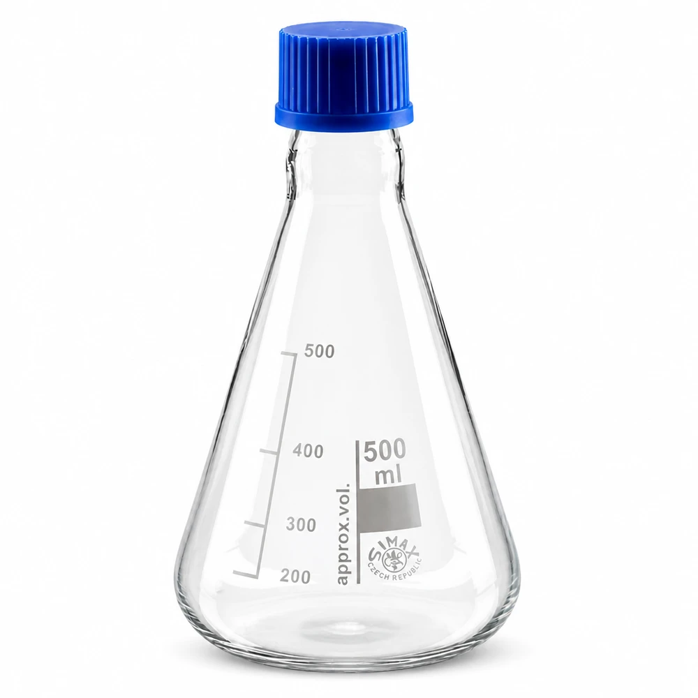 Erlenmeyer 500 ml col étroit, verre borosilicate avec filetage et bouchon Erlenmeyer Schott Duran 500ml avec matériau résistant aux produits chimiques et bouchon bleu
