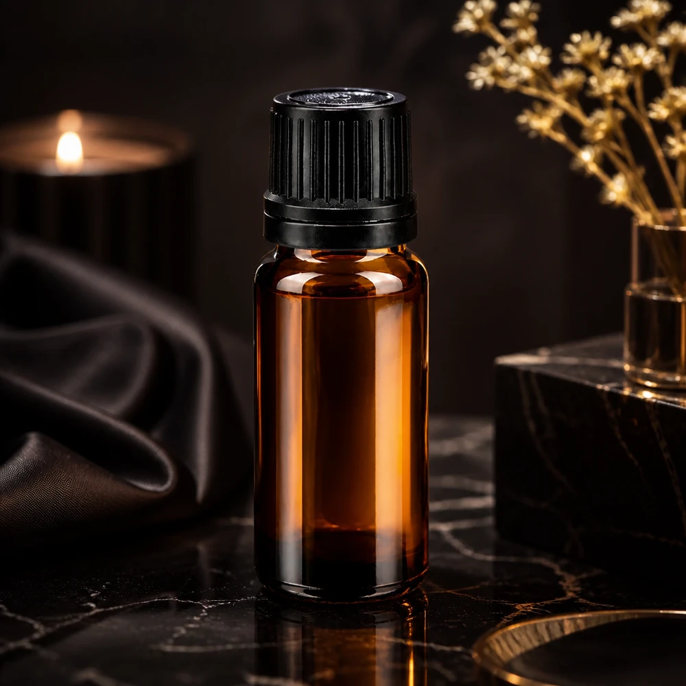 Flacon à pharmacie marron 10ml bouchon goutte à goutte 1mm noir bouchon d'inviolabilité Surface en marbre foncé avec un flacon compte-gouttes de 10 ml en verre de pharmacie de couleur ambre et un bouchon OV noir