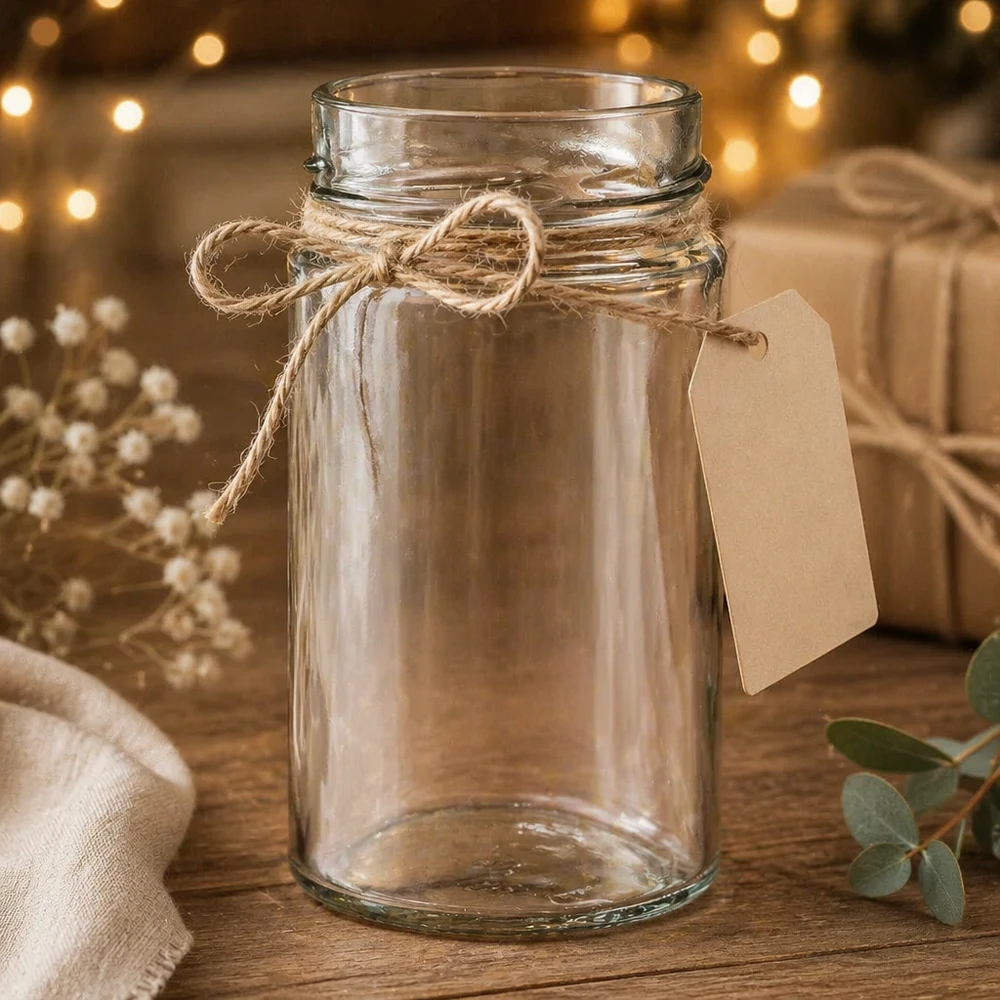 245ml Verre rond sans couvercle (TO58deep) UNiTWIST UNiTWIST Runda245 Pot rond 245ml TO58deep Pot de conserve avec ficelle de jute et étiquette sur table en bois décorée de manière rustique