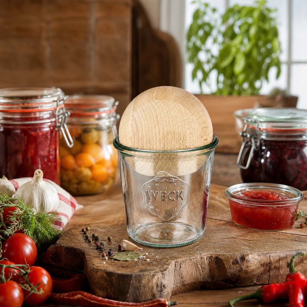 580ml bocal conique WECK RR100 avec boule en bois en hêtre WECK Pot 580ml RR100 avec boule en bois de hêtre dans une cuisine rustique entre les bocaux et les ingrédients frais