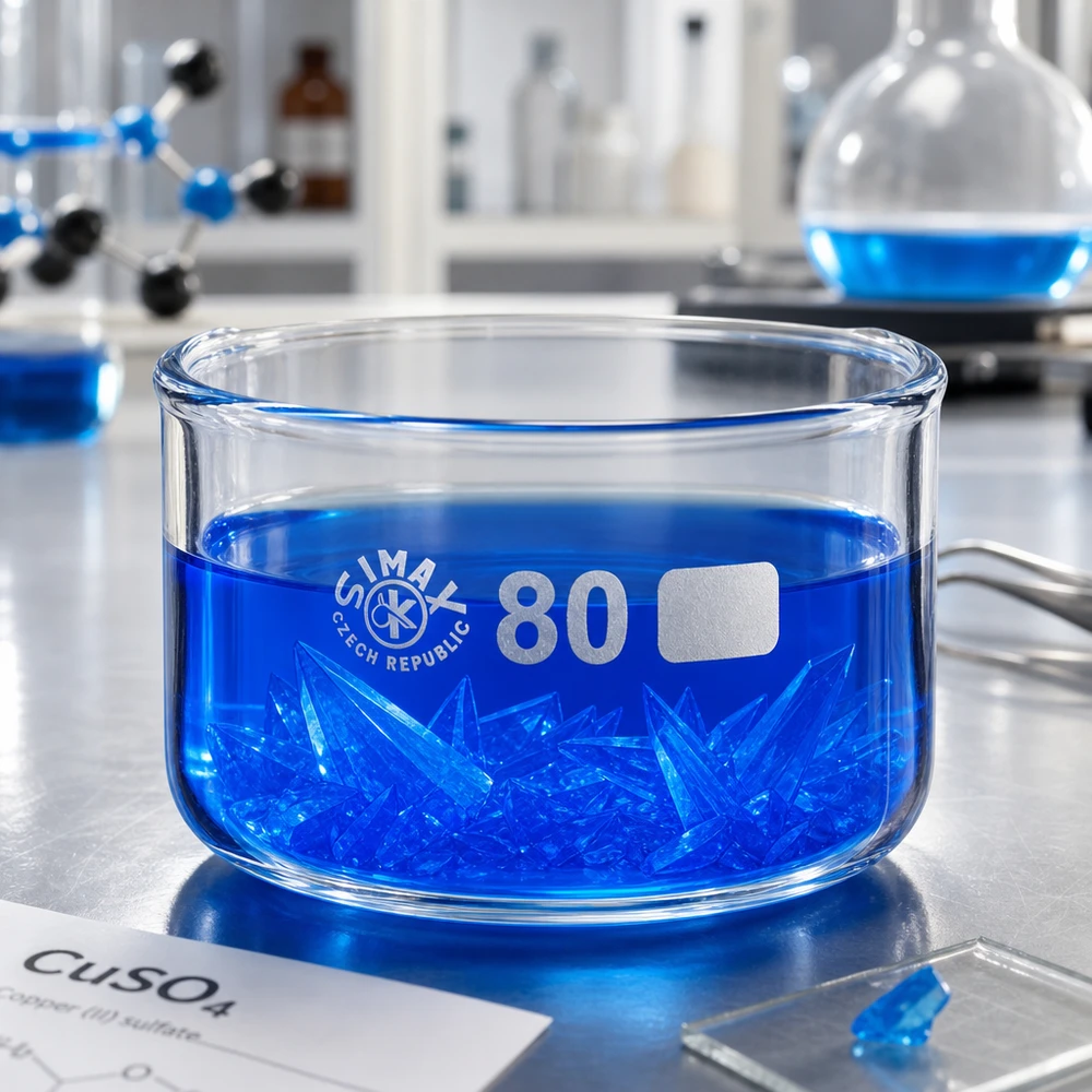 Coupelle de cristallisation 150 ml sans bec verseur Cristaux bleus de sulfate de cuivre dans un bac de cristallisation en verre borosilicaté de 150 ml, ø 80 mm, SIMAX