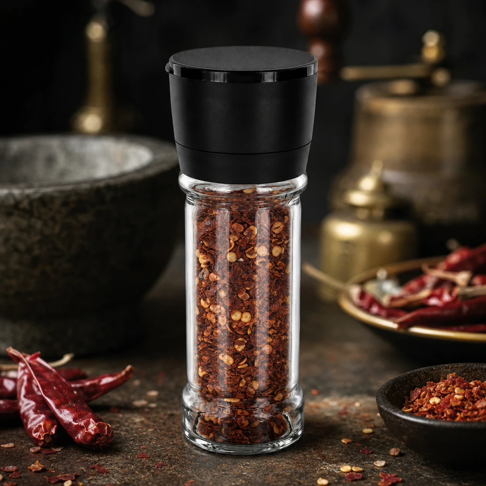 Pot à sel/épices 100 ml avec moulin Vario noir Moulin à épices Vario 100 ml avec couvercle en plastique noir, rempli de flocons de piment rouge