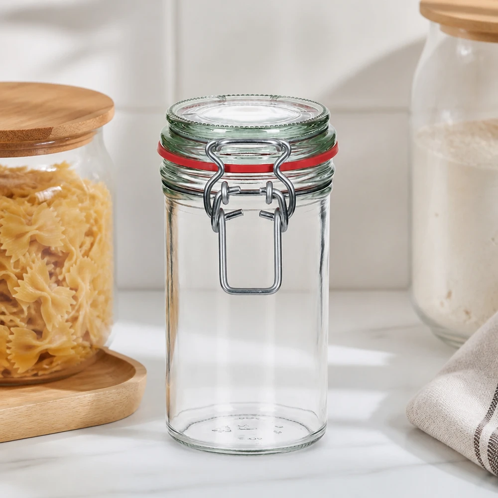 Bocal à provisions de 272 ml avec fermeture à étrier et joint rouge dans la cuisine moderne à côté des pâtes et des récipients blancs