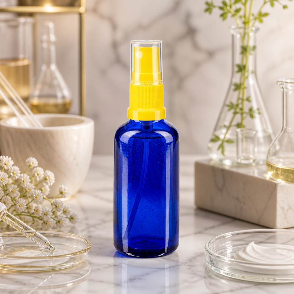 Flacon de pharmacie bleu 50ml embout spray jaune Petite bouteille en verre bleue de 50 ml avec un vaporisateur jaune posée sur du marbre blanc